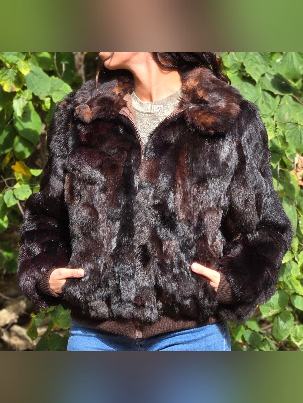Vintage Mademoiselle Genuine Rabbit Fur Bomber Jacket Size Large Zip Up Brown
